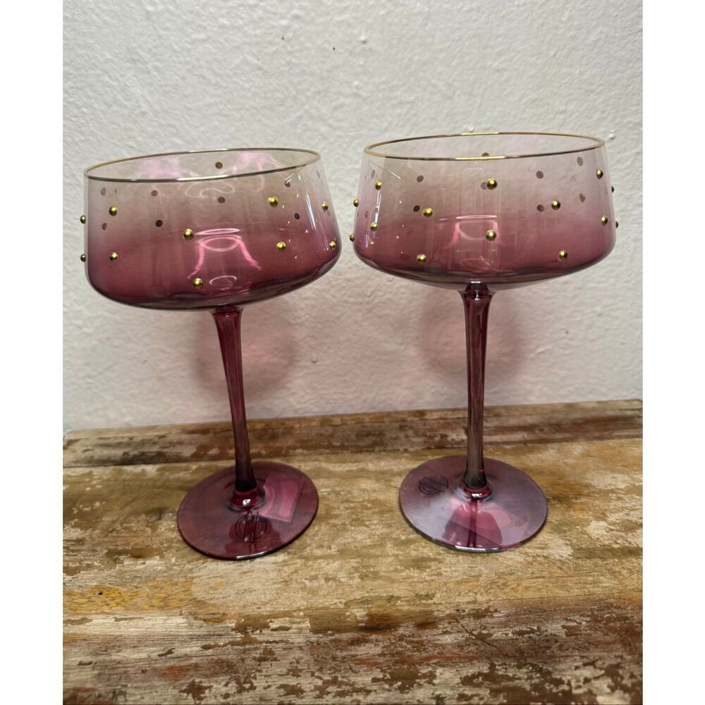 Cupcakes and Cashmere Studded Cocktail‎ Glasses Handmade Pink Tint Gold Rim NEW